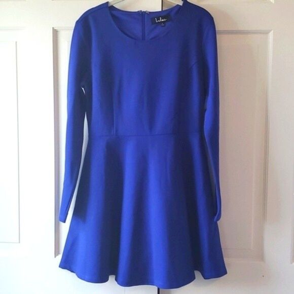 NWT LULUS BLUE KNIT FIT FLARE DRESS LONG SLEEVE CREW NECK SKATER LARGE LULU'S - Picture 1 of 11